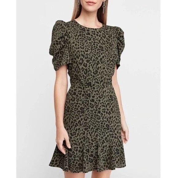 Express Cheetah Mini Dress Size Small Olive Green Animal Print Ruffles Cocktail - Picture 1 of 10